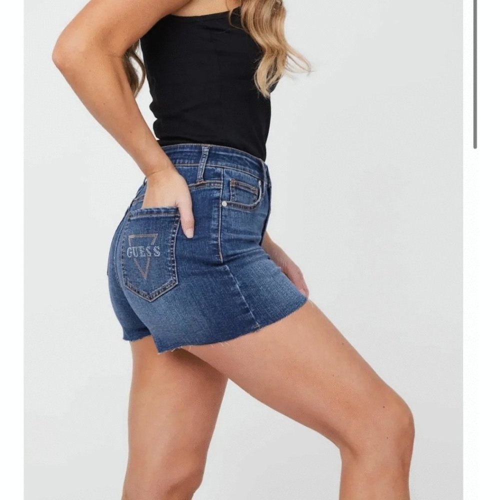 GUESS High Waist Logo Denim Shorts